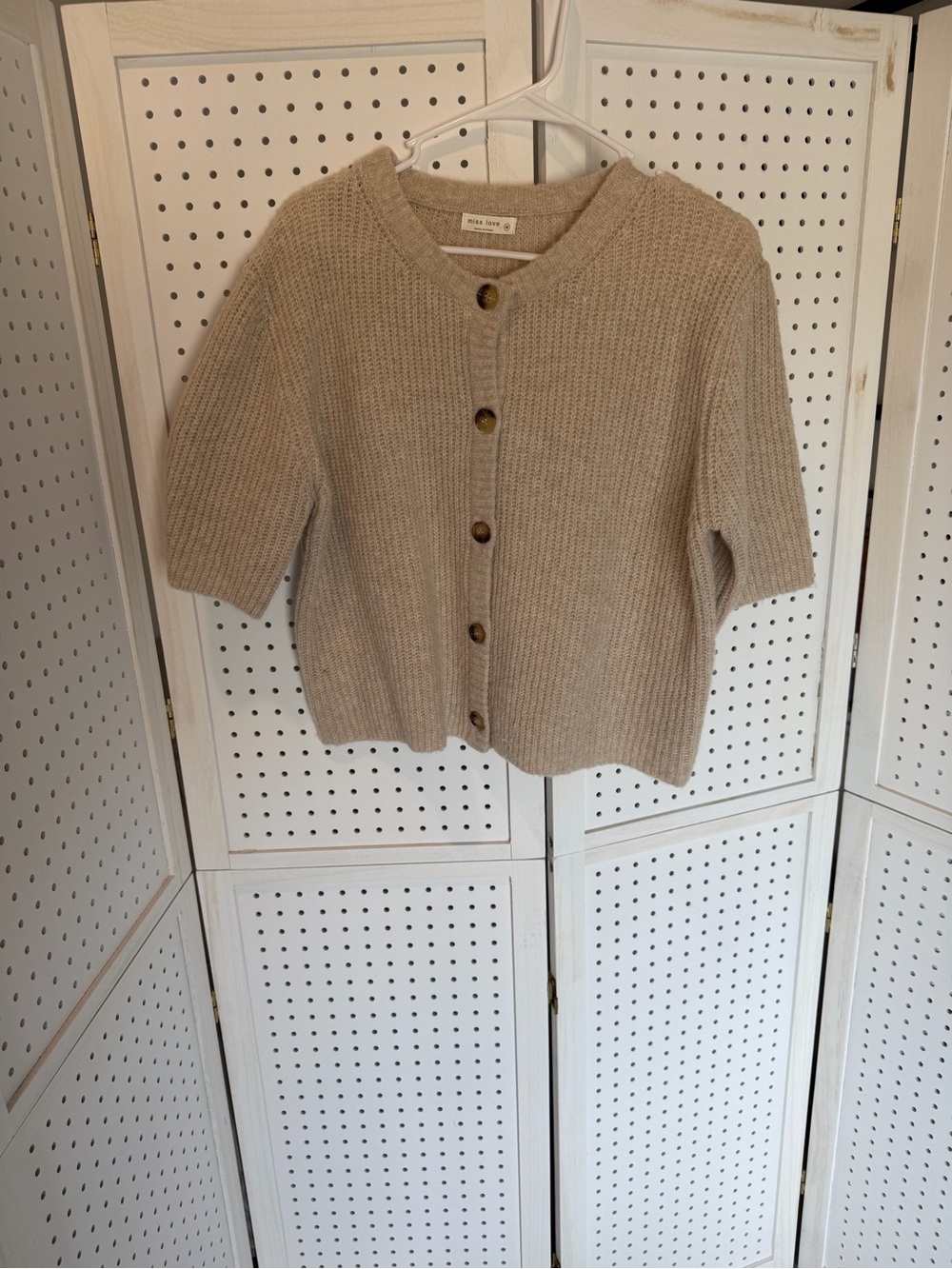 Miss Love - Woven Short-Sleeve Button Cardigan - Beige - Medium